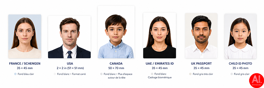Exemples de cadrages et de fonds pour photos d’identité, passeports et visas de différents pays